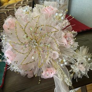 Elegant Pink Rose Bouquet and Matching Headpiece